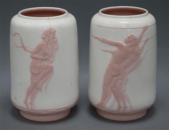 A pair of Art Deco Minton pate sur pate prototype vases, incised marks Modelled by R. Bradbury, Designed by John Wadsworth, ex Geoffr
